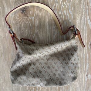 Dooney & Bourke Monogram Canvas Shoulder Bag Beige Brown Leather Trim Hobo